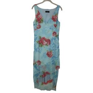 Vtg Y2k CDC Baby Blue Floral Chiffon Romantic V Neck High Low Dress Sz 12